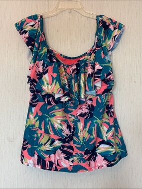 Tankini top Tropical Floral Ruffle Women's Top - Teal & Coral